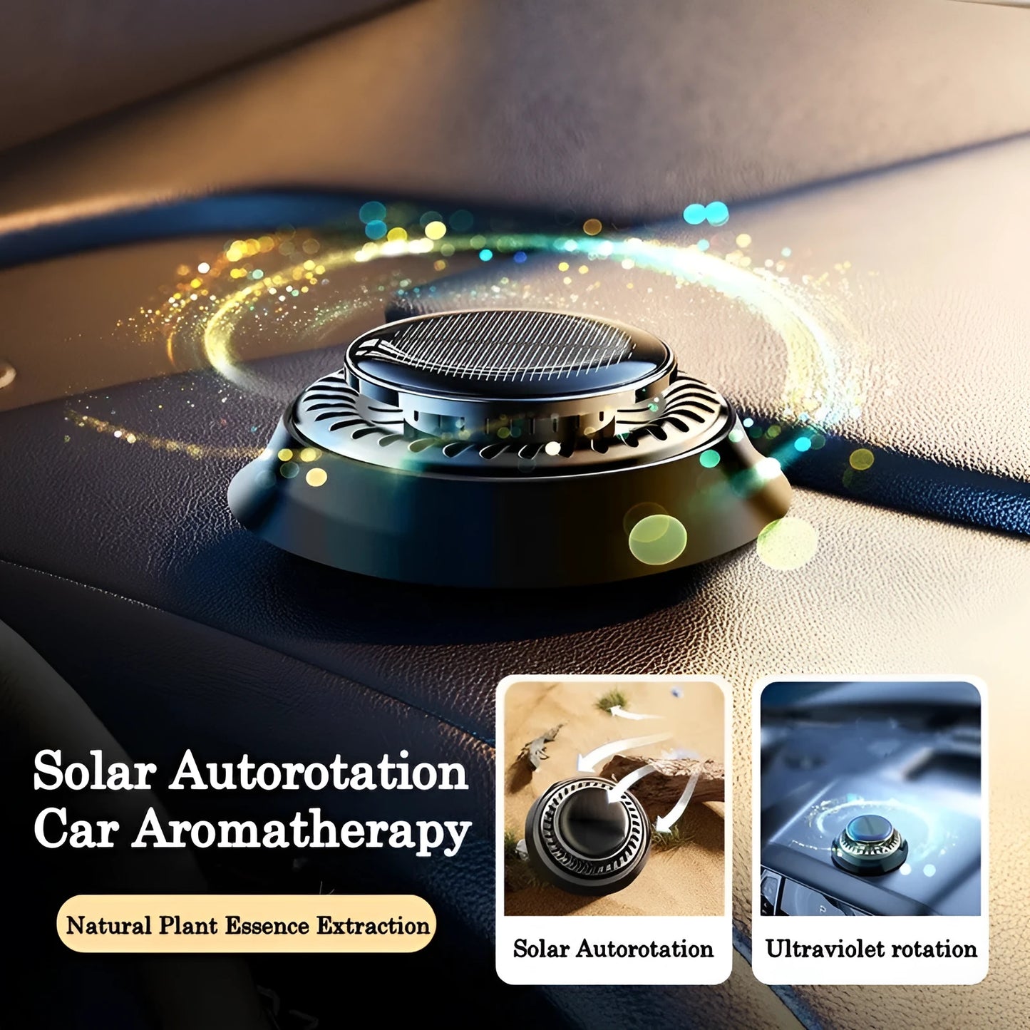 Solar powered kinetic car air freshener with rotating double rings in black colour options