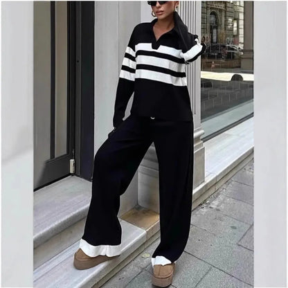 Women's black and white striped knitted two-piece set with polo collar and trousers