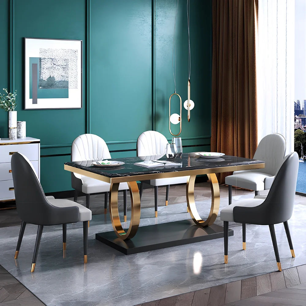 Modern slate dining table with marble finish and metal frame, rectangular shape with choice of pineapple or round-back chairs