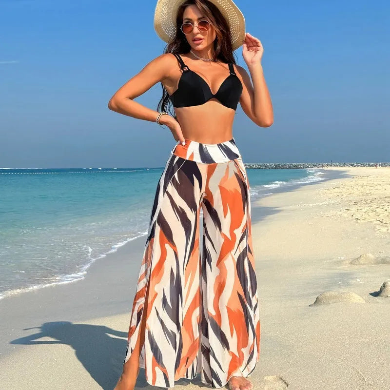 Women's three-piece bikini set in quick-dry polyester with animal print pattern
