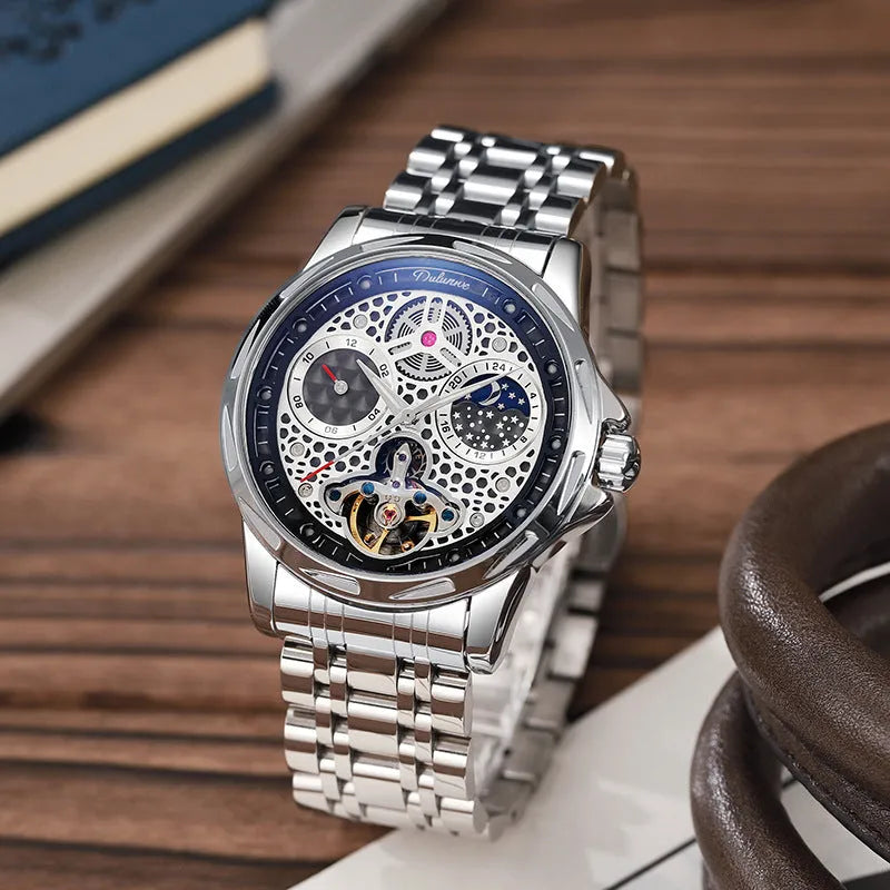 Men's automatic watch with luminous hands, 13mm thickness, available in black or white steel and leather strap options