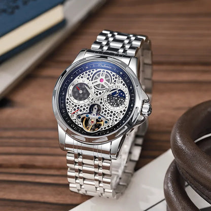 Men's automatic watch with luminous hands, 13mm thickness, available in black or white steel and leather strap options