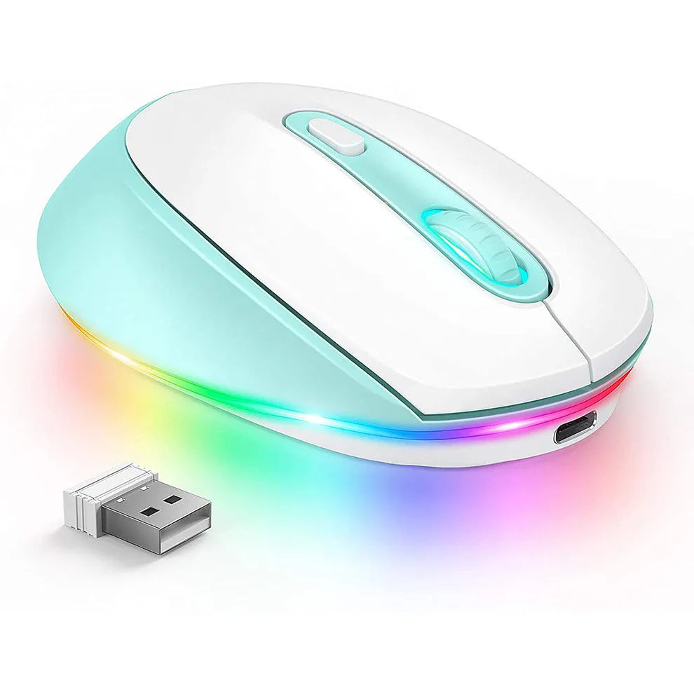 Wireless ergonomic mouse in multiple colours showing compact design with USB charging cable