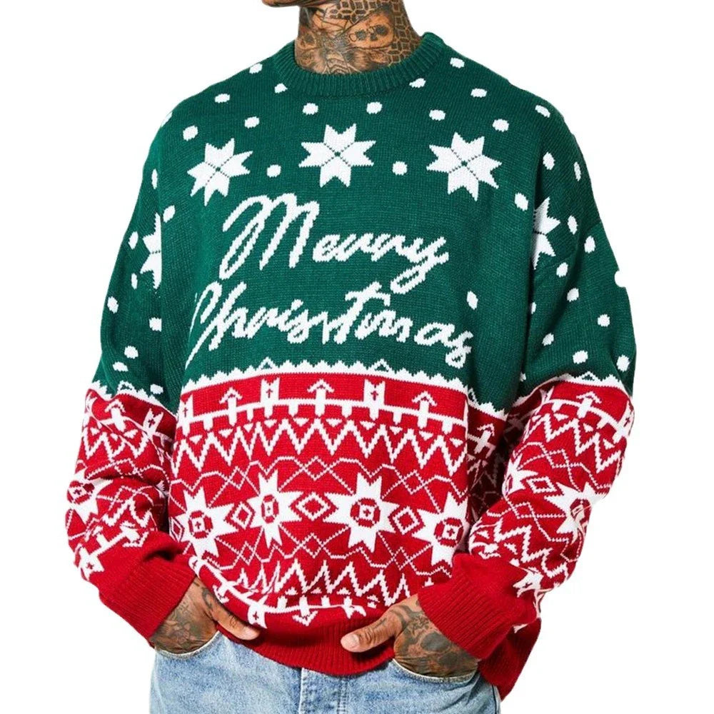 Men's knitted pullover sweater with jacquard pattern in green and white colors