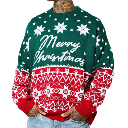 Men's knitted pullover sweater with jacquard pattern in green and white colors