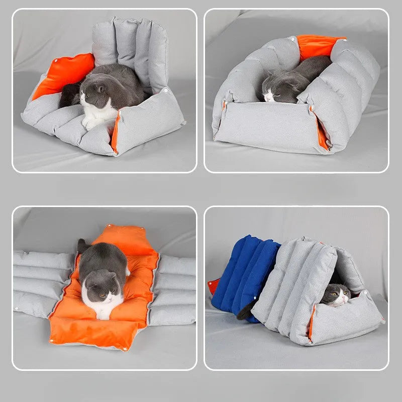Blue triangular cotton cat bed with a removable cover on a wooden floor.