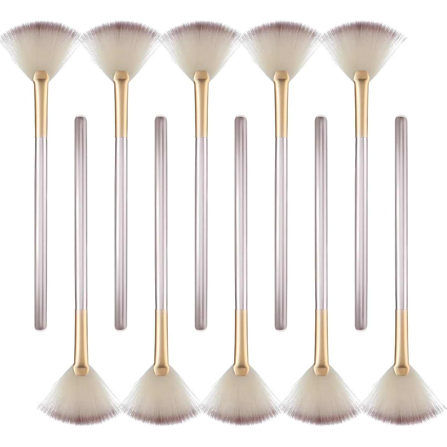 Ten soft fibre facial fan brushes with champagne finish acrylic handles and brush covers.