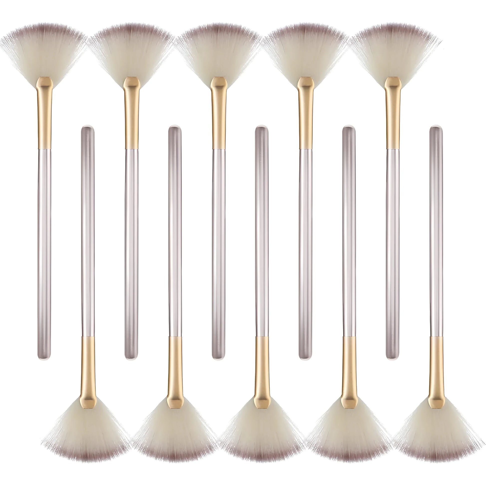 Ten soft fibre facial fan brushes with champagne finish acrylic handles and brush covers.