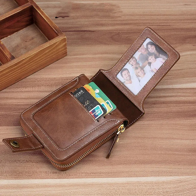 Men's short style 2-fold wallet in PU leather showing black, brown and light brown colour options