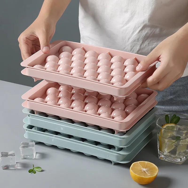 3D round ice moulds for home bar and party use, available in 18 or 33 grid configurations, made from PP plastic for easy release ice ball cubes in sky blue or pink colours, suitable for kitchen DIY and cocktail making