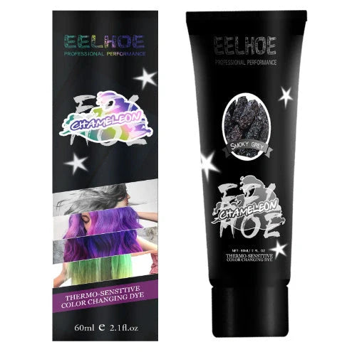 Thermochromic hair dye cream that changes color at 18°C, available in green yellow and black silver