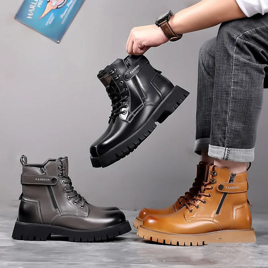 Men's light brown high-top Martin boots with side zipper and thick rubber sole on a wooden floor