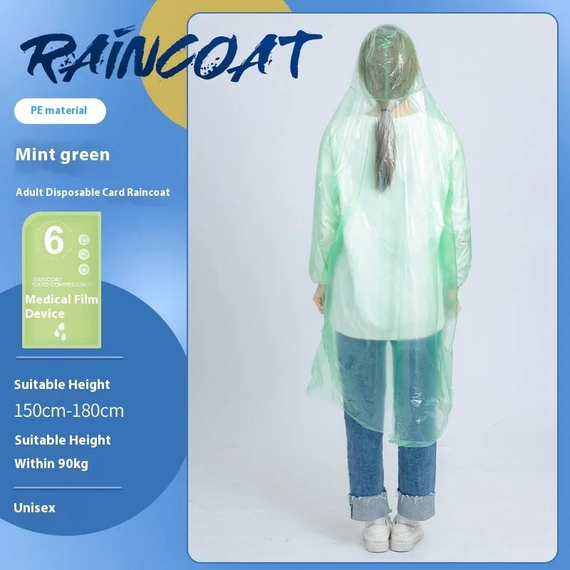 Disposable full body card raincoat in purple colour showing folded portable format
