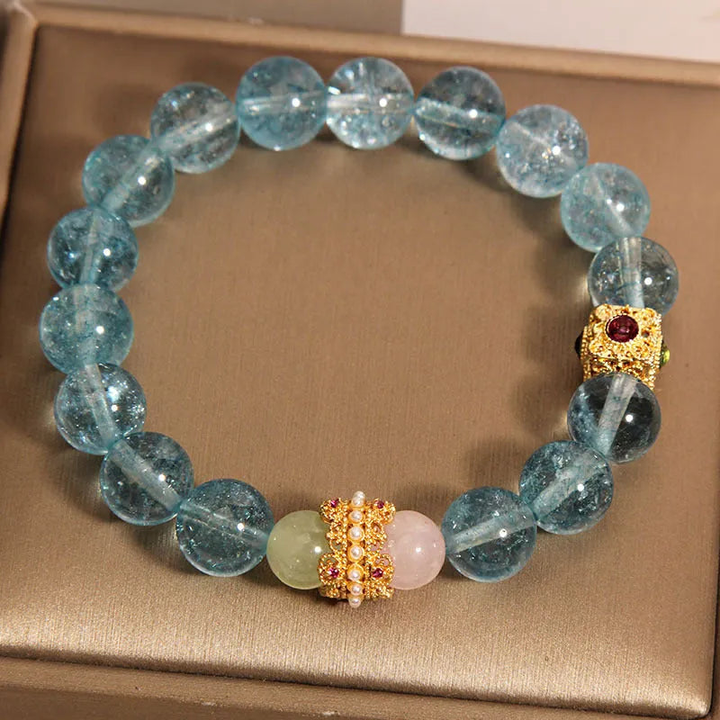 Women's flexible crystal bracelet with blue cube sugar beads and colourful crystal accents