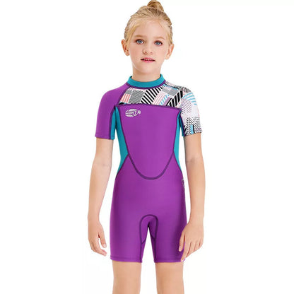 Girls' neoprene short-sleeved swimwear in blue and purple for all-season water sports