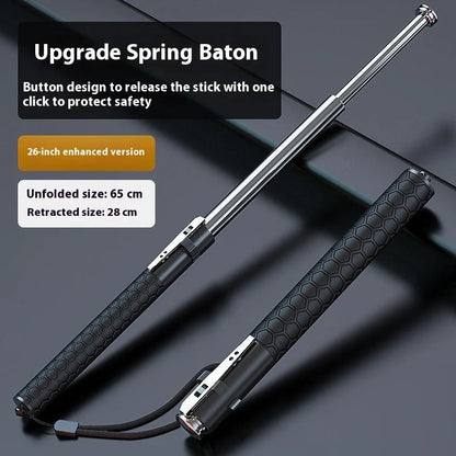 Automatic spring expandable baton in titanium black with aluminium alloy construction showing three length options
