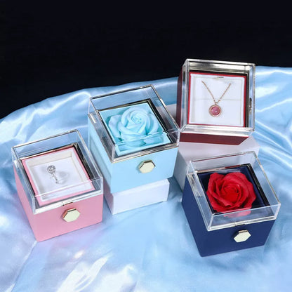 Rotating soap flower rose gift box with jewelry drawer in red, blue, lake blue, or pink