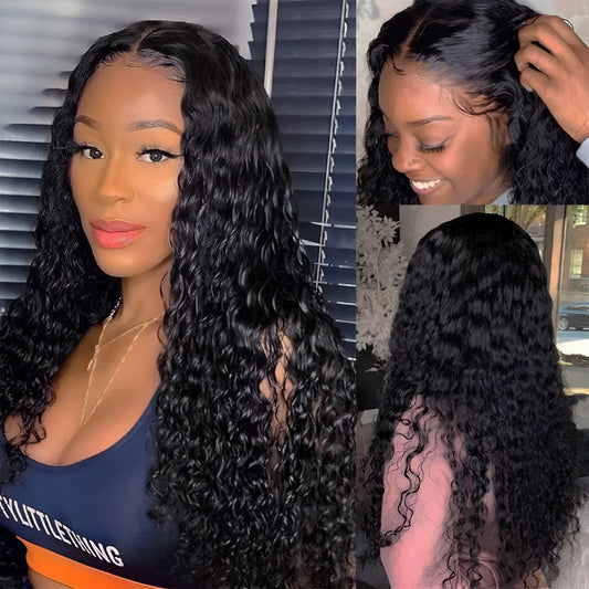 Close-up of a curly hand-woven human hair wig showing the realistic lace front and textured curls.