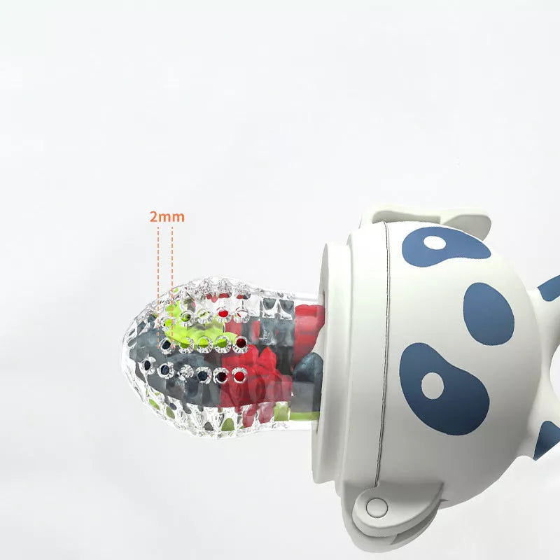 Dual-purpose baby food feeder in blue and red for safe fruit and vegetable introduction