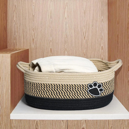 Handmade woven storage basket with handle measuring 34x26x15cm in light beige colour