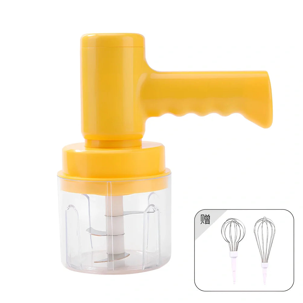 Pink electric whisk with stainless steel beaters showing 5-speed dial and compact 12cm housing