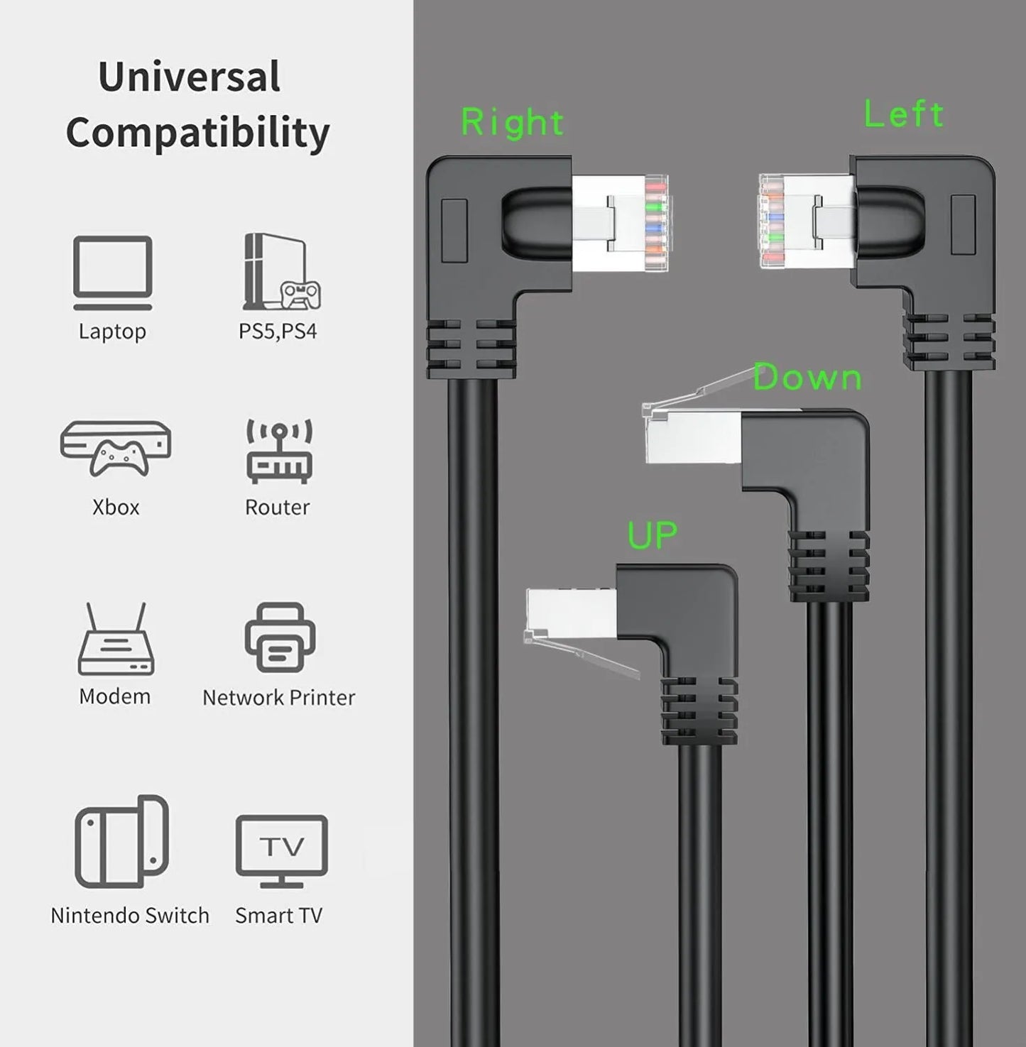 Black Cat6 Ethernet cable with a right-angled metal RJ45 connector, showing the 90-degree bend and cable length.