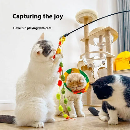 Rainbow cotton candy cat teaser wand with bell and tassel on 60cm telescopic pole