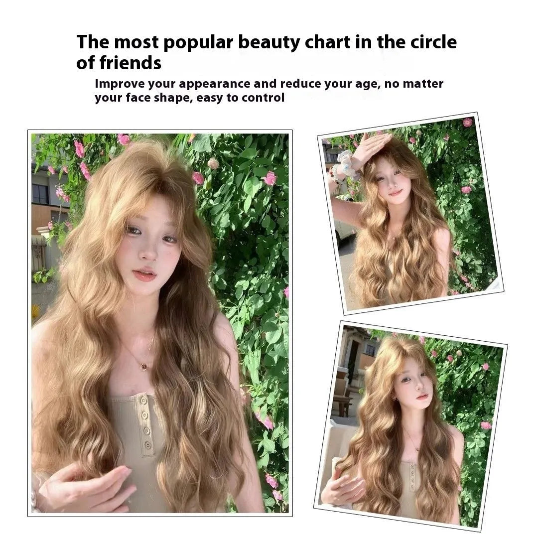 Medium length synthetic wig with linen coloured long curly hair style and hair net