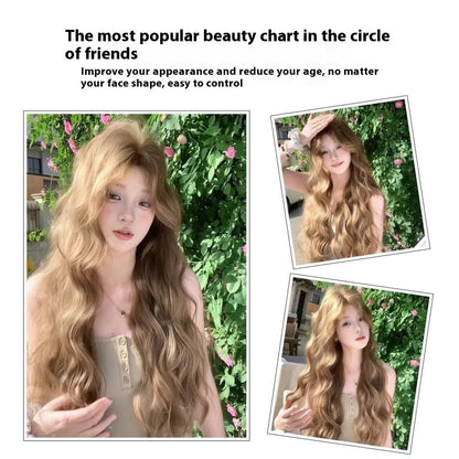 Medium length synthetic wig with linen coloured long curly hair style and hair net