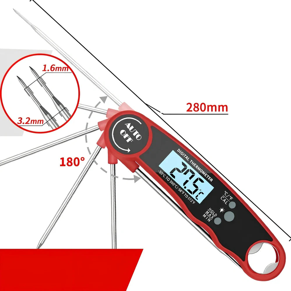 Red and black folding electronic kitchen thermometer with extended probe and digital display