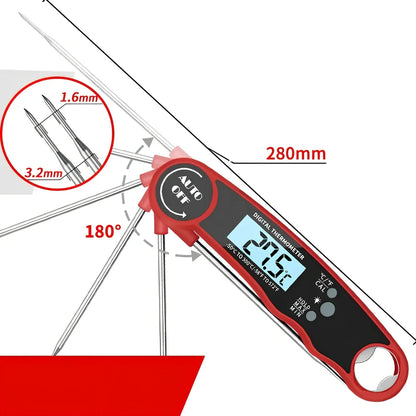 Red and black folding electronic kitchen thermometer with extended probe and digital display