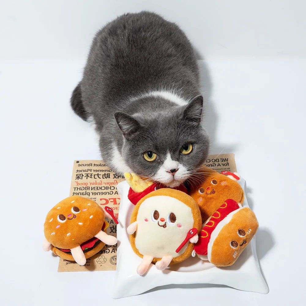 Soft kitten teething chew toy in food-themed hamburger chicken leg bread fries or hot dog design