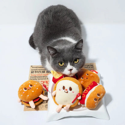 Soft kitten teething chew toy in food-themed hamburger chicken leg bread fries or hot dog design