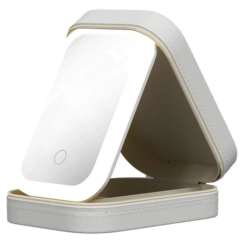Lighted makeup mirror with adjustable LED lights, touch-controlled brightness, and integrated storage compartment