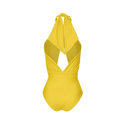 Women's solid colour halter neck swimsuit with matching wrap skirt set