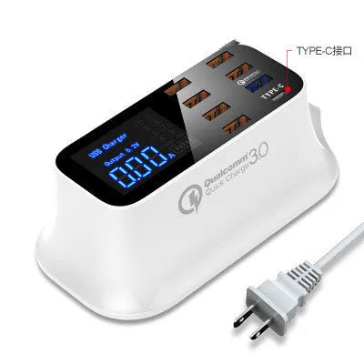 Ceramic white multi-USB fast charger with digital display showing charging voltage and current