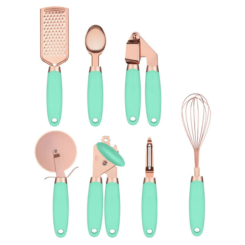 Rose gold stainless steel kitchen tool set with copper accents including peeler and utensils in six colour options