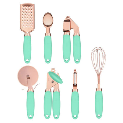 Rose gold stainless steel kitchen tool set with copper accents including peeler and utensils in six colour options