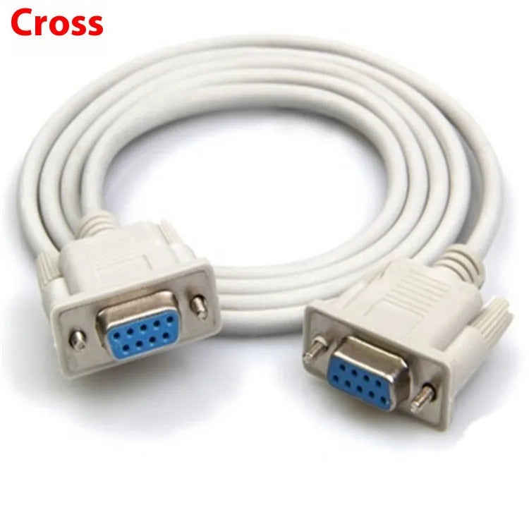 Close-up of a milky white DB9 female-to-female RS232 serial cable, 1.5 metres long.