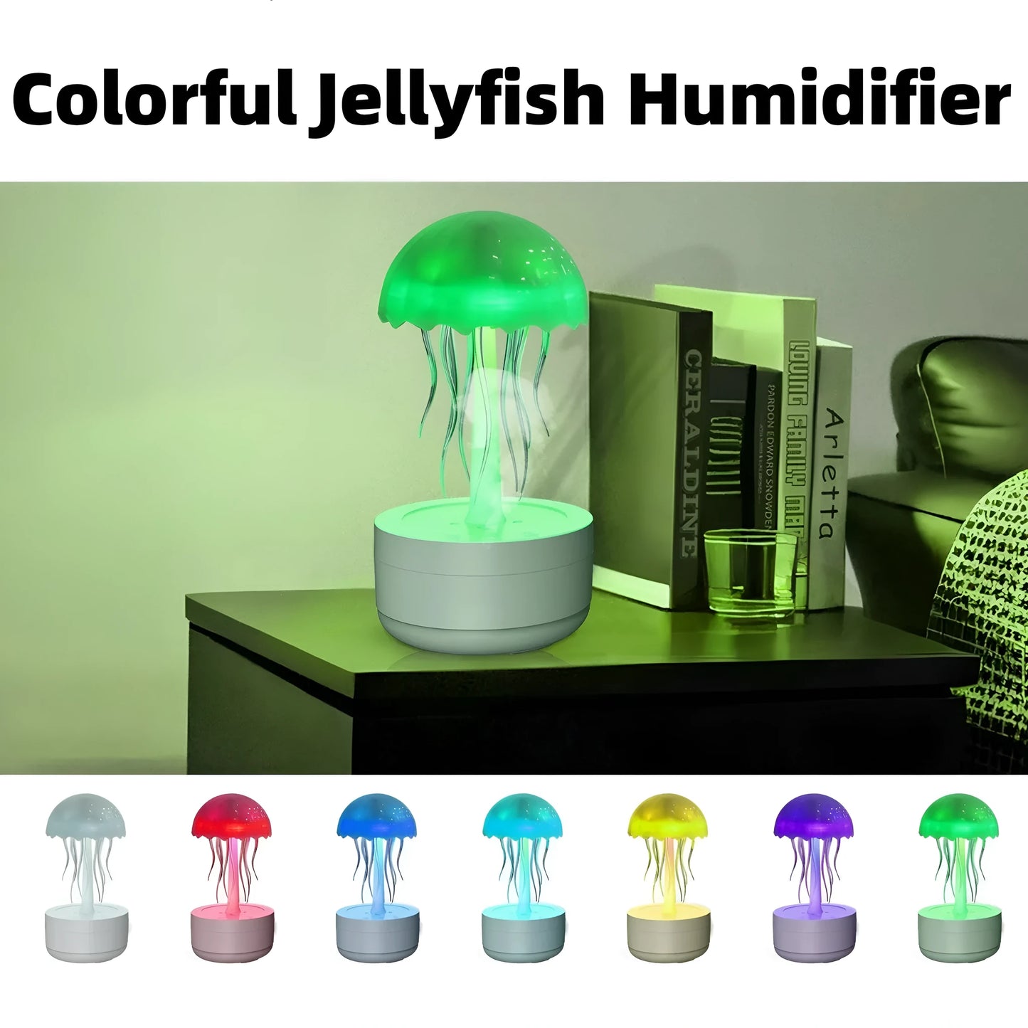 White resin jellyfish humidifier and essential oil diffuser with colourful night light on a desktop.