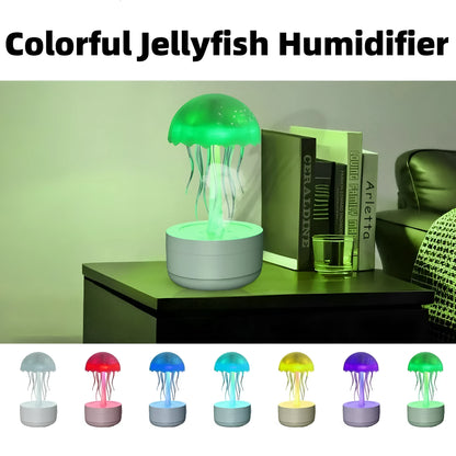White resin jellyfish humidifier and essential oil diffuser with colourful night light on a desktop.