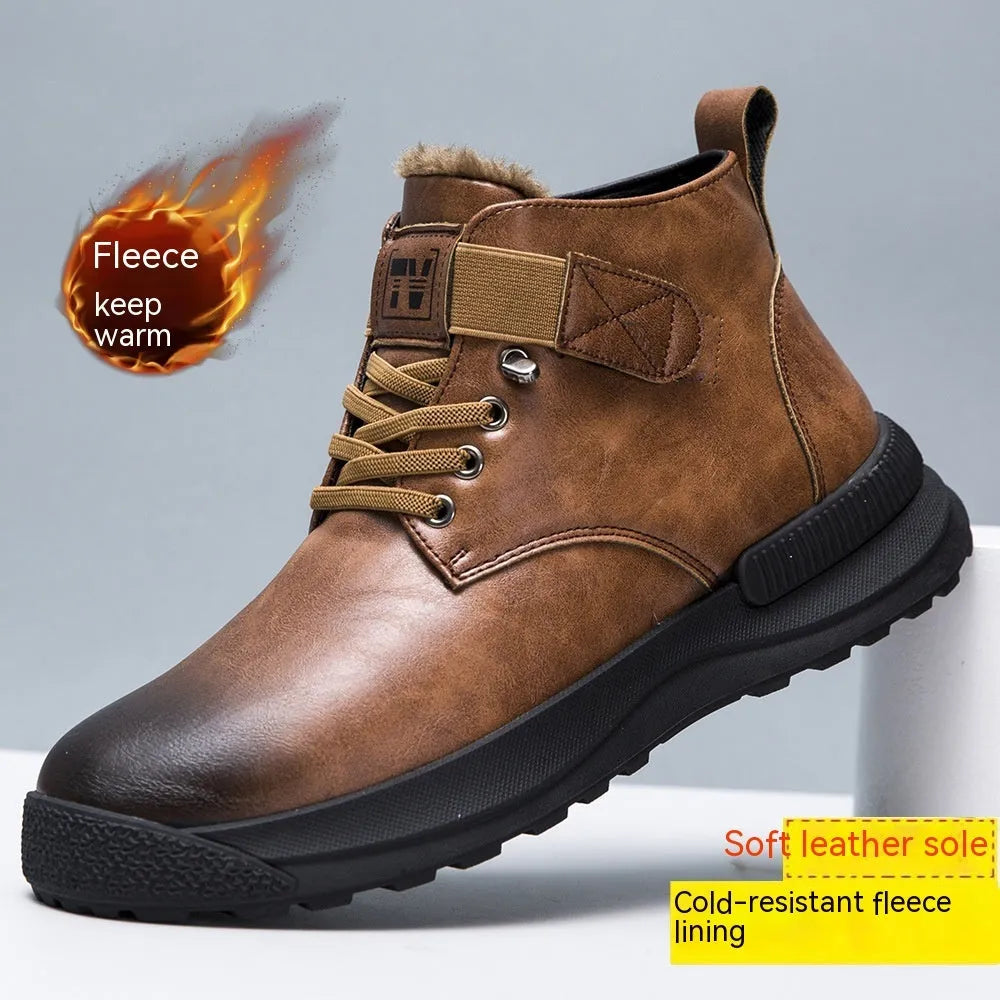 Men's black high-top platform Martin boots with a velvet-like PU upper and rubber sole.