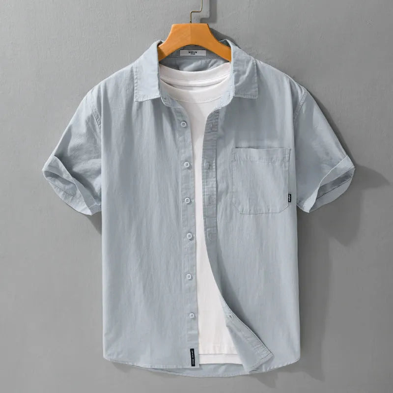 Men's loose fit pure cotton short sleeve shirt in cardigan style, shown in light blue.
