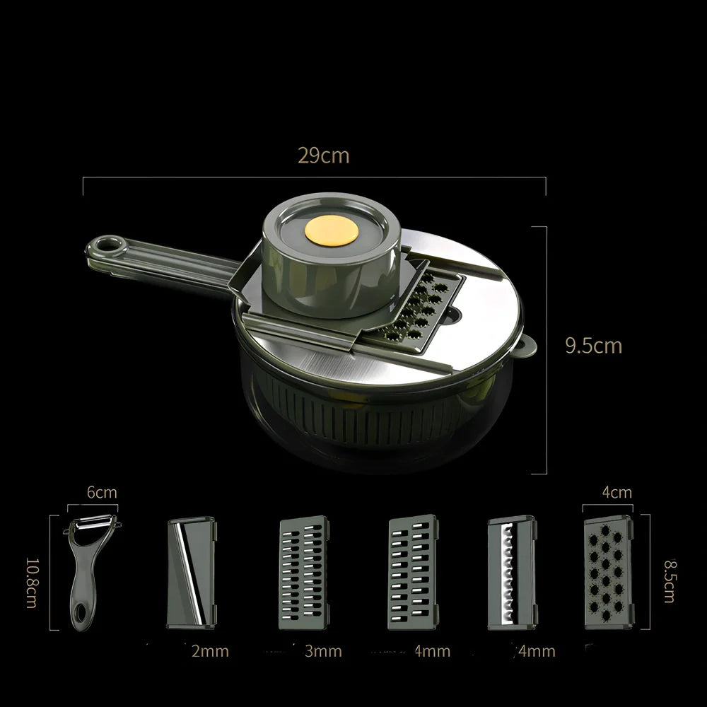 Grey and green vegetable slicer with five stainless steel blades and protective gauntlet