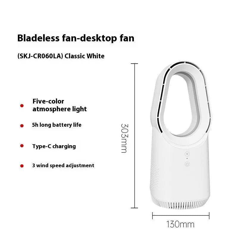 White SK bladeless tower fan with remote control on a wooden desk.