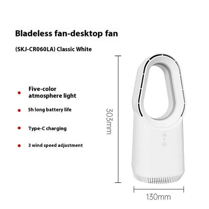 White SK bladeless tower fan with remote control on a wooden desk.