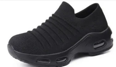 Women's fly-knit stretch socks shoes in dark blue with mesh upper and low heel