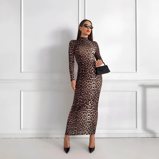 Leopard print long sleeve dress with stand collar and high waist design