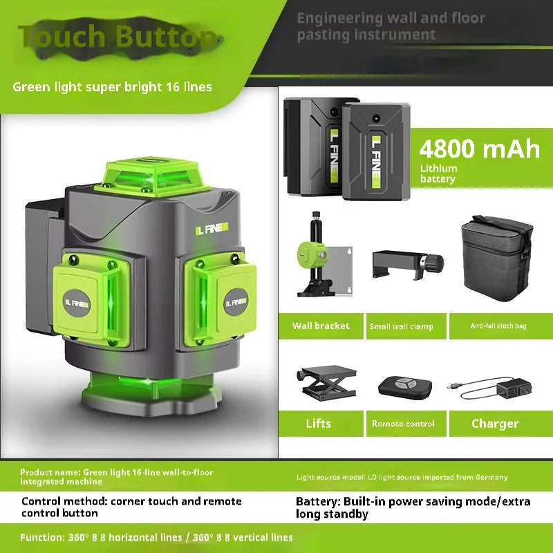 Green 16-line 3D laser level tool with compact black housing on a work surface.