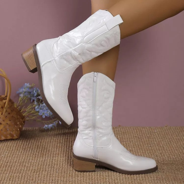 Women's pointed toe western boots with chunky heel in various colors